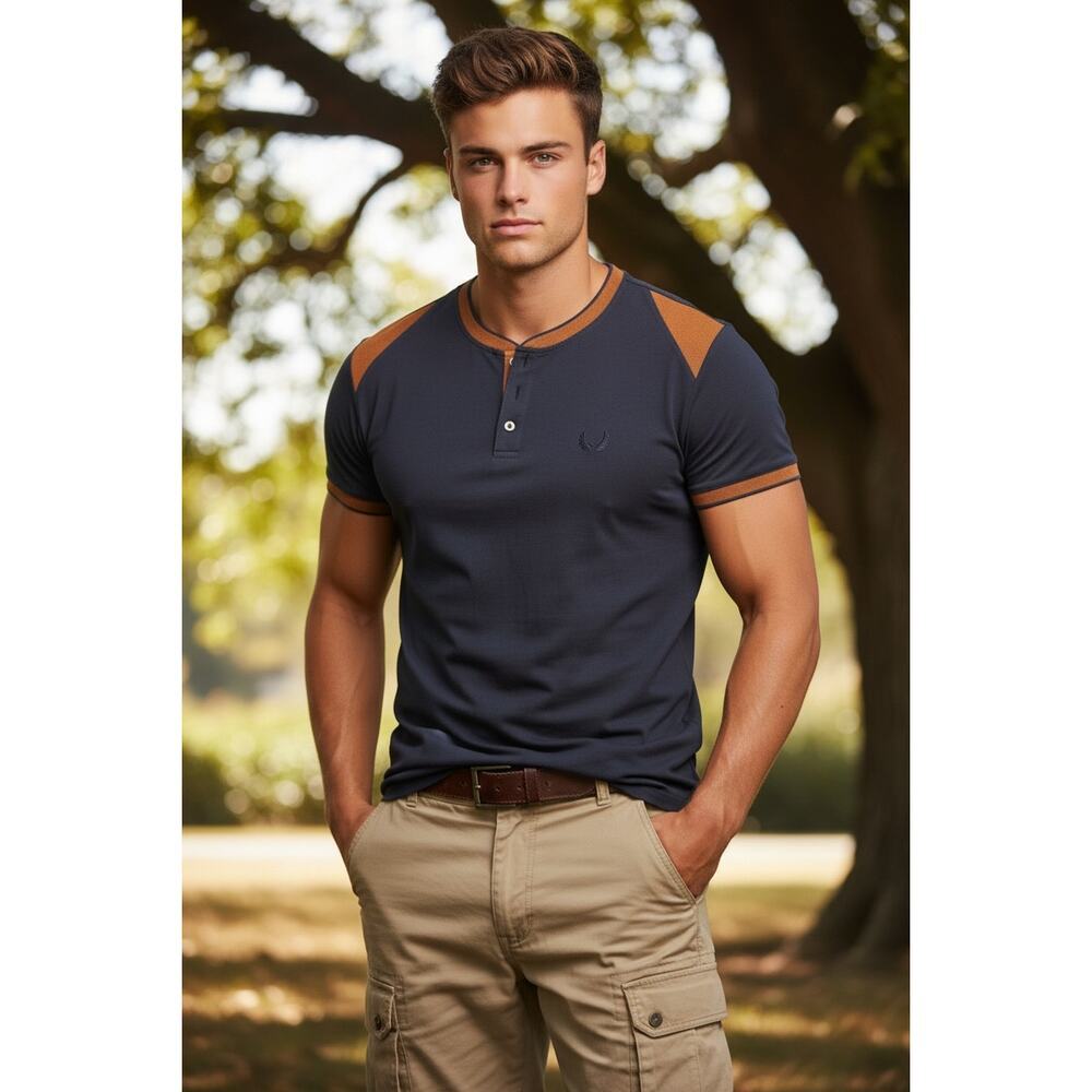 Nick Danger Henley Shirt Black & Rust Contrast Trim Short Sleeve